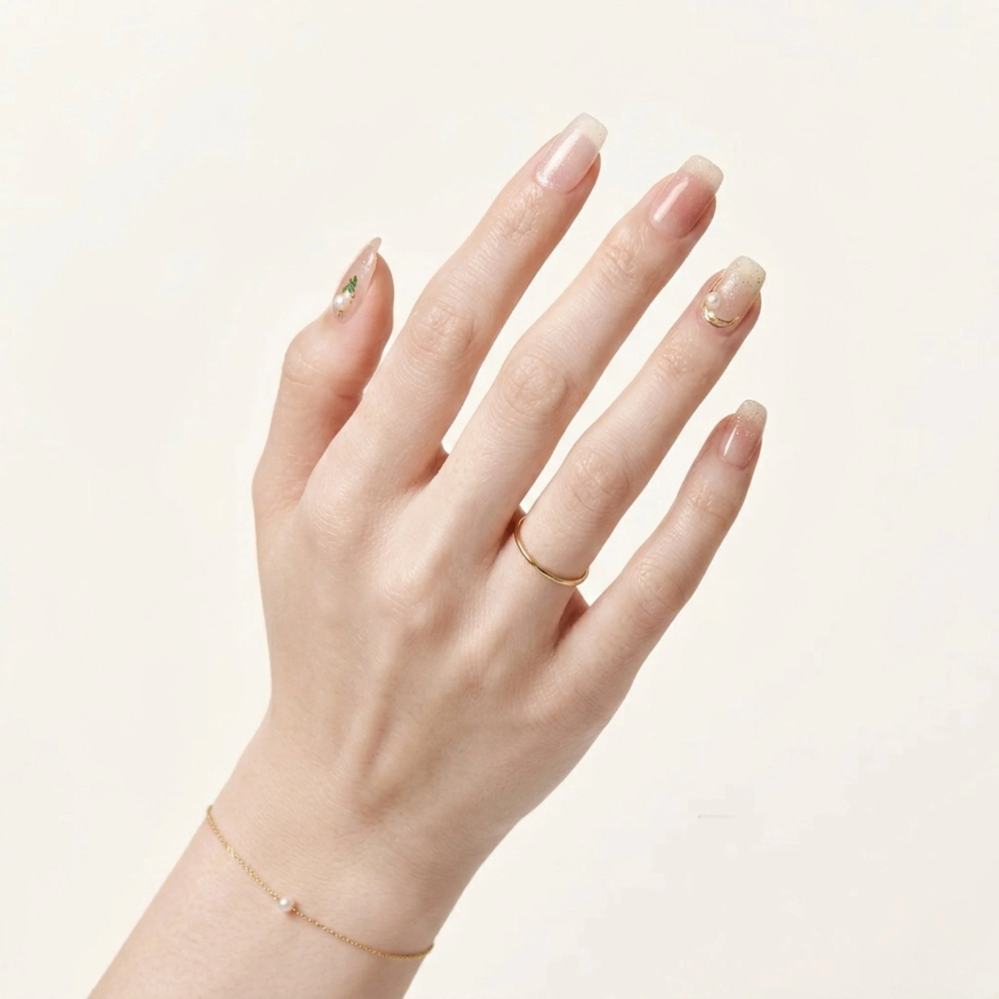 ohora Pink Pearl & Gold Foil Glass Shard Gel Nails detail